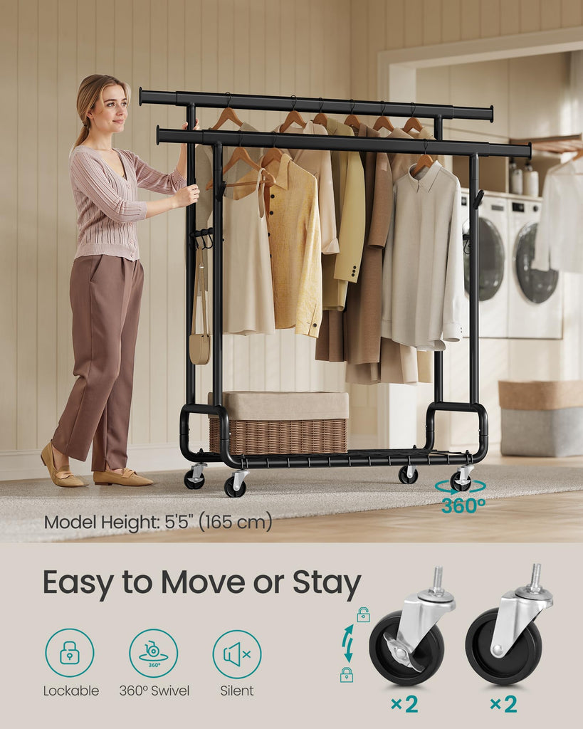 Clothes Rack, Heavy-Duty Rolling Garment Rack with Shelf