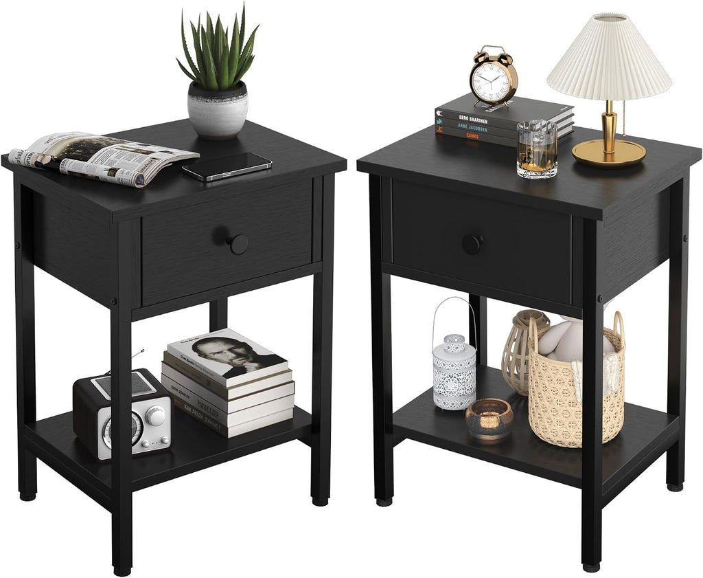 Nightstands Set of 2 with Drawers, Bedside Table Set of 2 with Storage Shelf, Heavy Duty End Side Table Bedroom Small