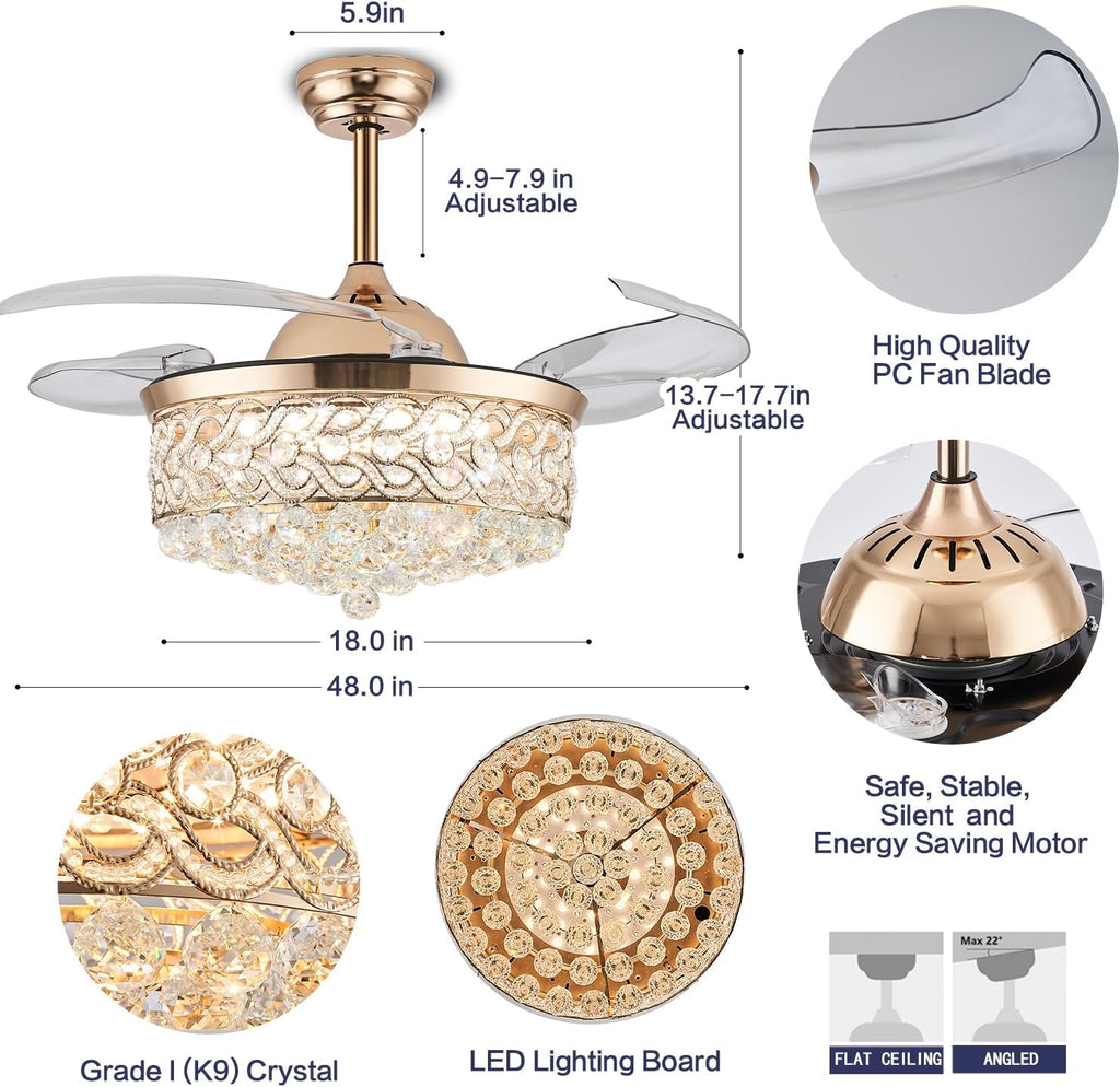 48" Modern Gold Fandelier,Dimmable Crystal Ceiling Fan with Light and Remote, Chandelier Ceiling Fans with Invisible