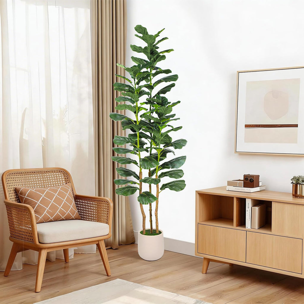 6ft Artificial Fiddle Leaf Fig Tree with White Planter, Tall Fake Plant with Natural Wood Trunk and Lifelike Leaves