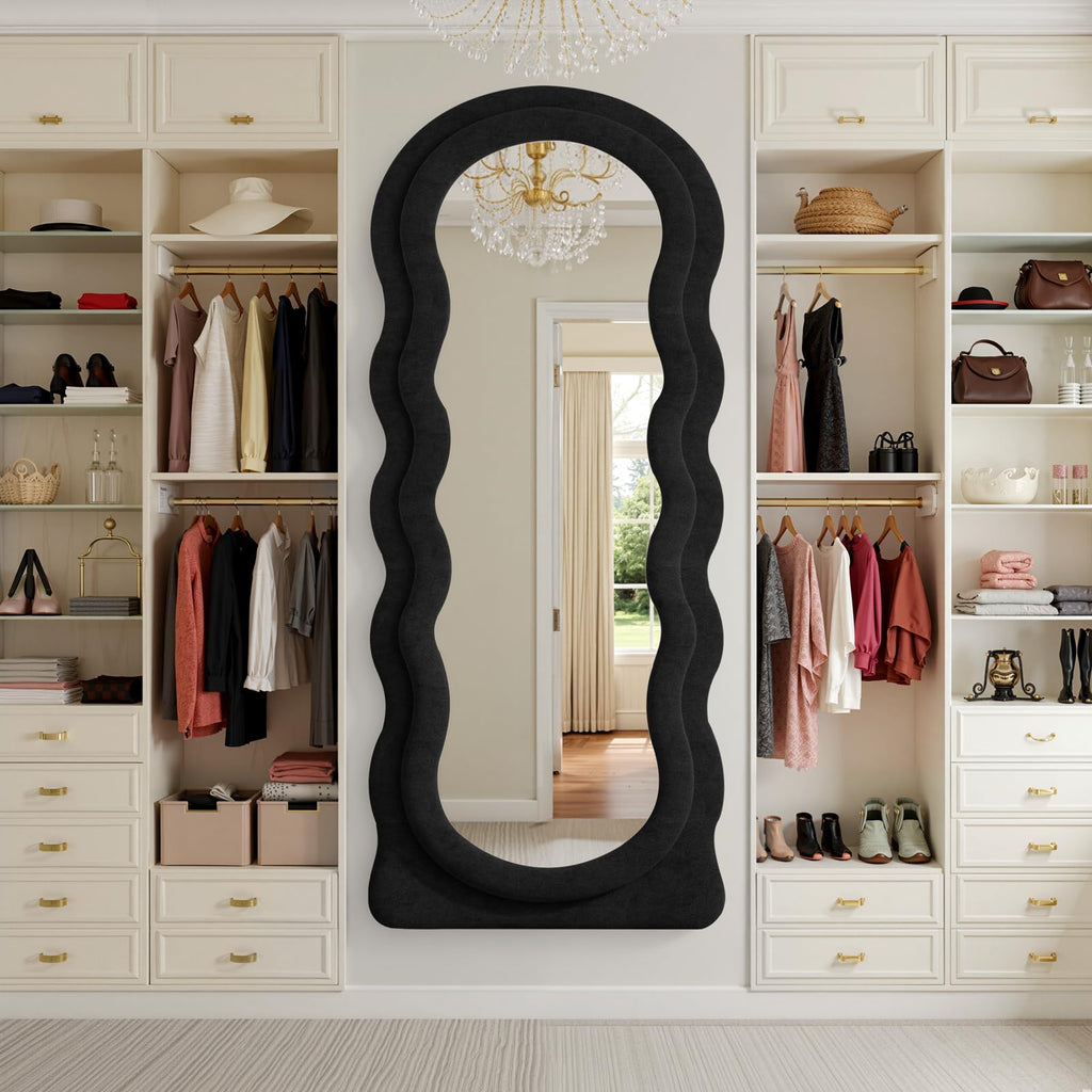 Full Length Mirror 71"x30" Irregular Wavy Full Body Wall Mounted Floor Mirror with Stand Black Flannel Frame Leaning