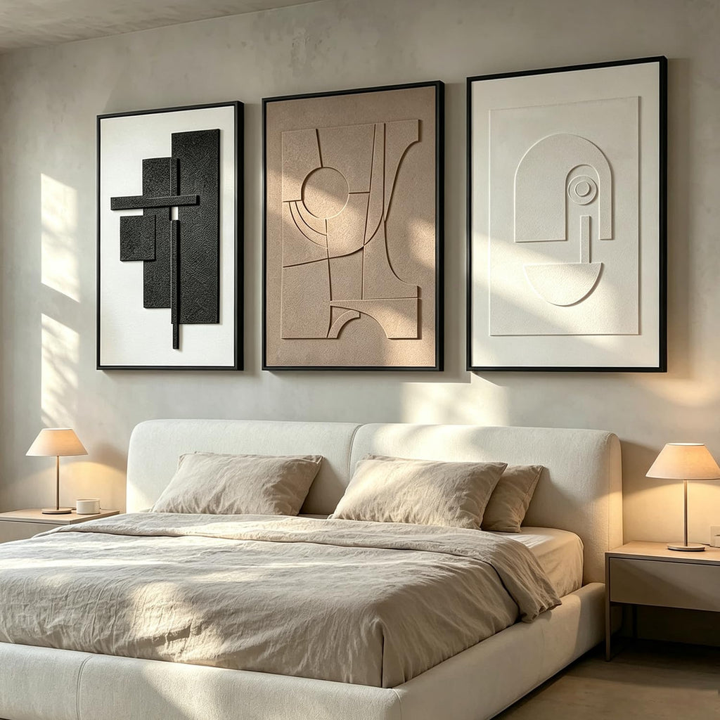 3 Piece Framed Abstract Wall Art, 24x36 Inch Large 3D Sandstone Textured Wall Decor, Black White Brown Geometric