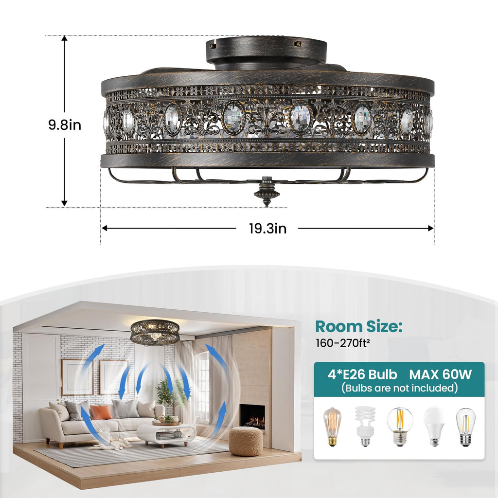 Low Profile Caged Ceiling Fan with Light Black Rustic Fandelier