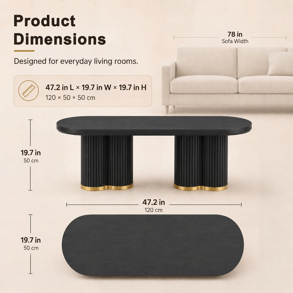 Oval Fluted Coffee Tables, 47" Wood Coffee Table, Black