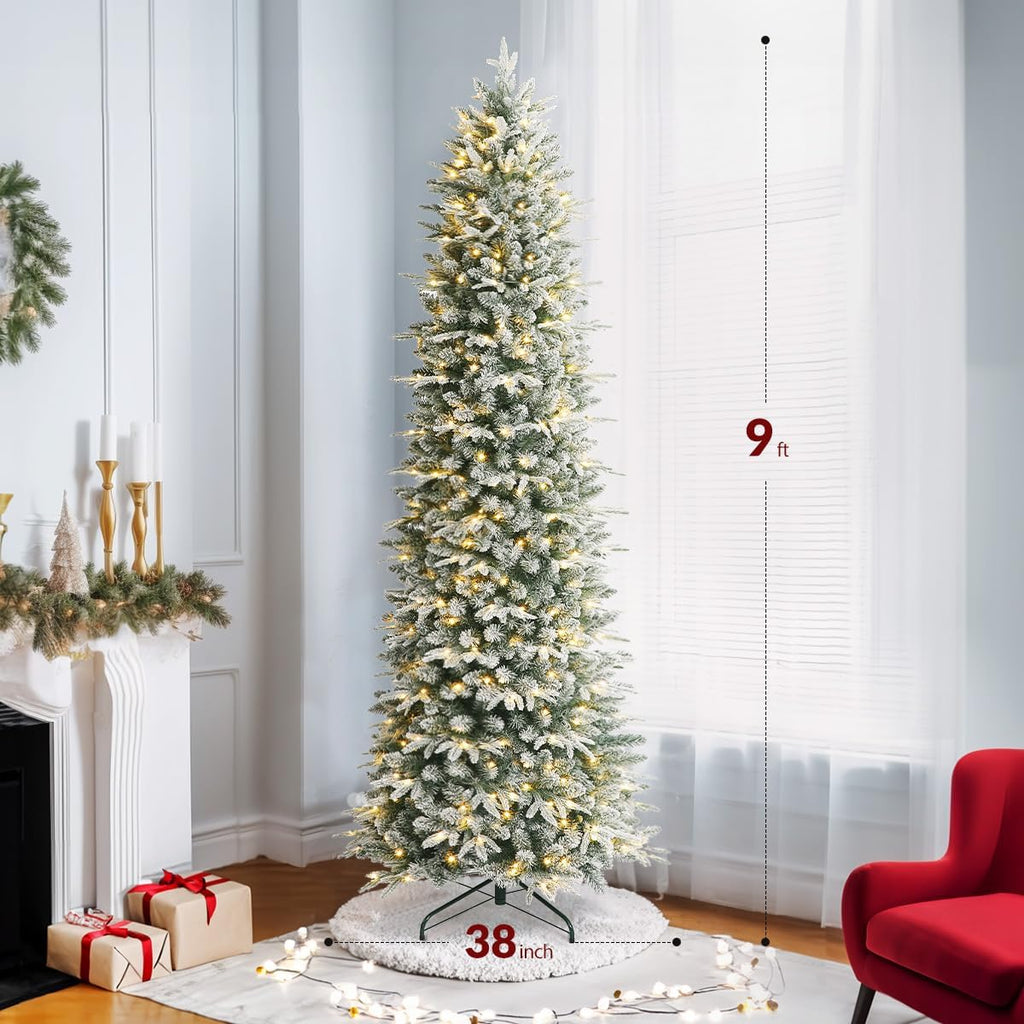 Pre-Lit Slim Christmas Tree with Remote & Color/Warm White 500 LED Lights, 2300 PE/PVC Tips, Snow Flocked