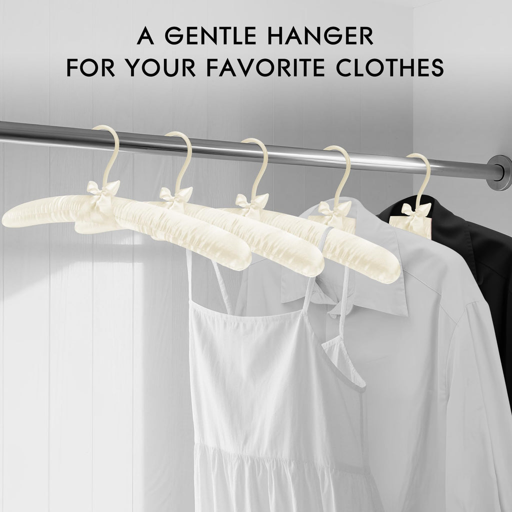Women's Satin Padded Hangers - 15" Foam-Filled Wooden Clothes Hangers with No Shoulder Bumps, Bow Accent, for