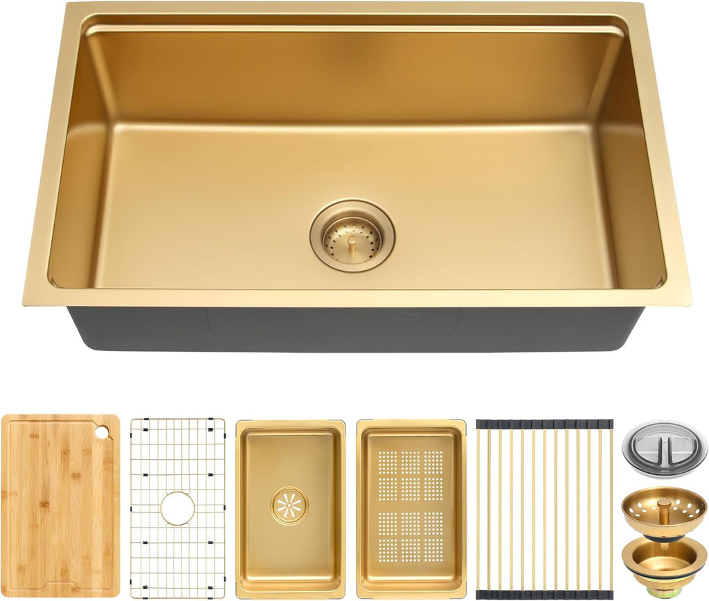 32 Inch Gold Undermount Kitchen Sink, 32" x 18" Gold Workstation Sinks, Stainless Steel Single Bowl Sink with Custom