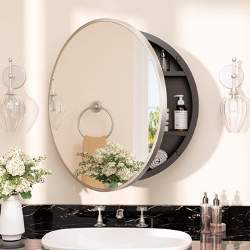 20 x 20 Inch Medicine Cabinet Mirror Brushed Nickel Framed Round Mirrored Medicine Cabinets Adjustable Shelves Modern