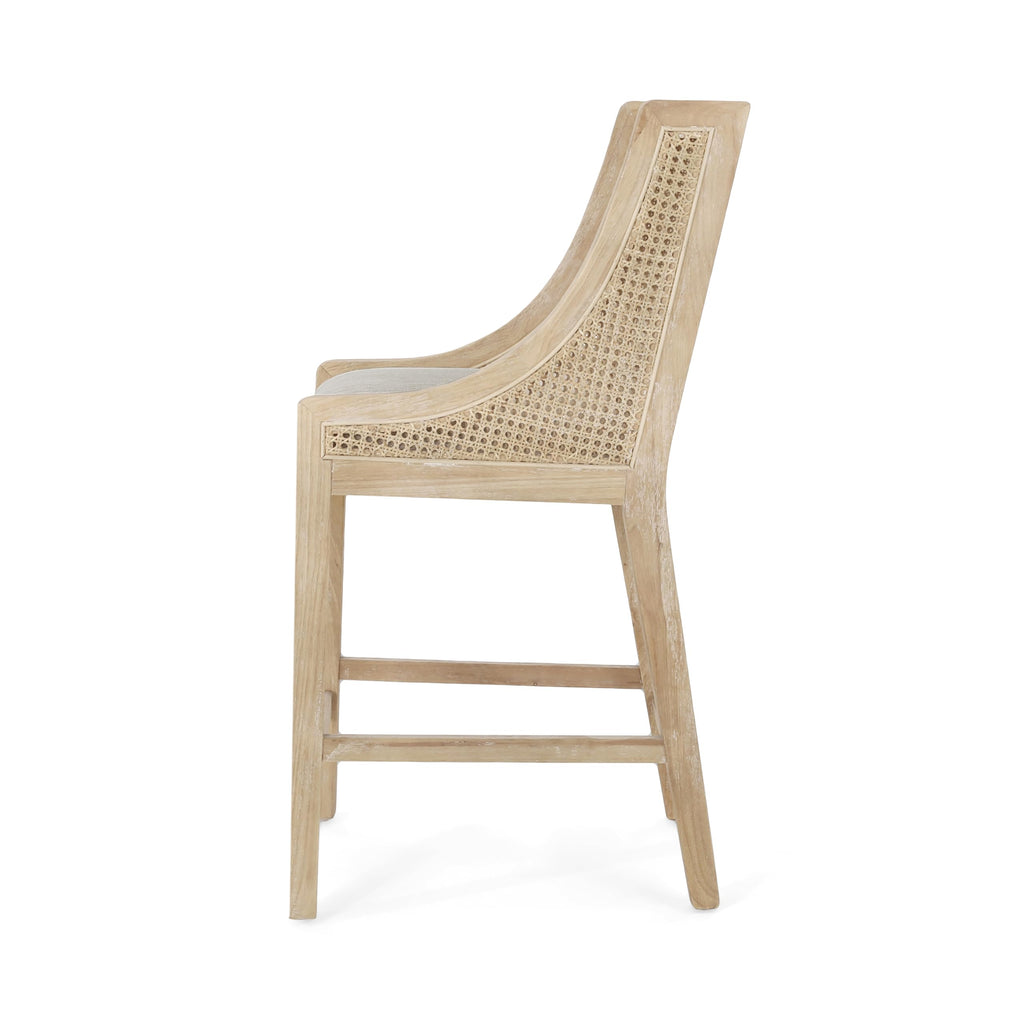25.5" Fabric Upholstered Wood and Cane Counter Stools with Backrest, Set of 2, French Country Barstools