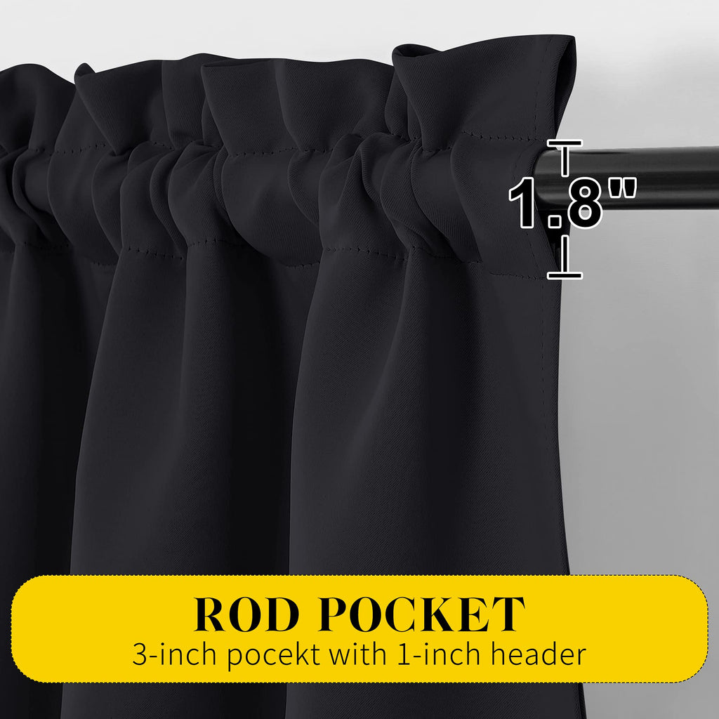 Black Blackout Curtains with Attached Valance, Solid Room Darkening Window Treatment Drapes/Draperies (2 PCs, 52