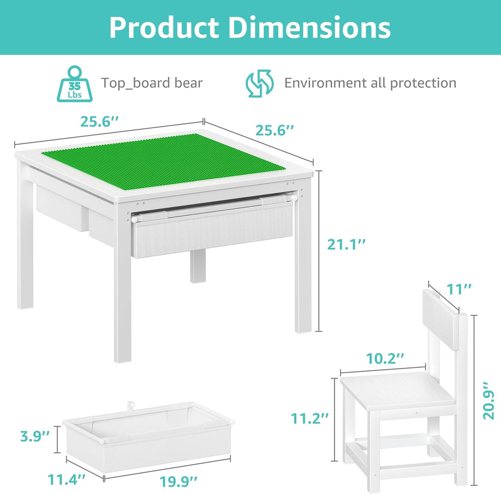 Kids Construction Play Table and Chair Set with Drawers