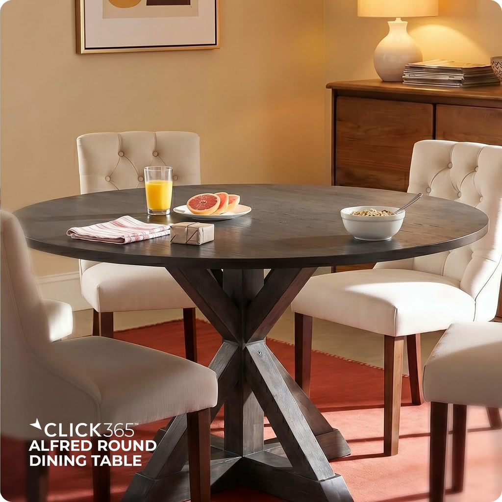 Alfred 46.5 Inch Round Solid Wood Dining Table for 4, Rustic Farmhouse Kitchen Table with Wood Finish and Trestle