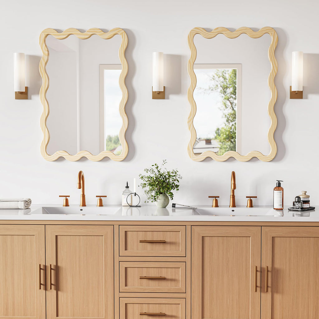 24x36 Natural Wavy Bathroom Wall Mirror, Solid Wood Scalloped Frame