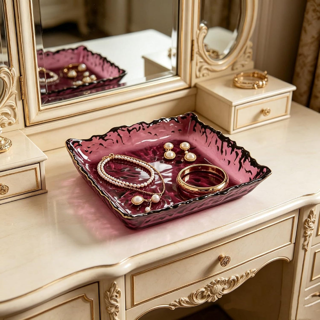 Vintage Purple Glass Jewelry Tray with Gold Rim - 6.1"Square Frosted Glass Trinket Dish Catchall Tray for Rings