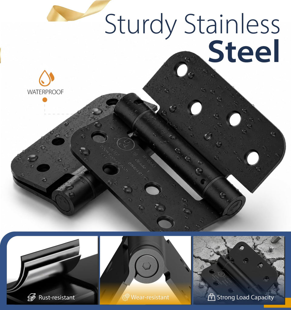 3-Pack 4 Inch Self Closing Door Hinges, 5/8" Radius Corners, Black