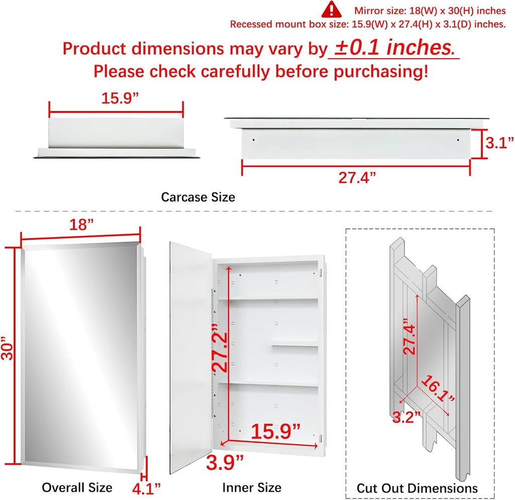 White Metal Medicine Cabinet, 18 x 30 Beveled Mirror, Surface Mount Storage | 18 x 30 Mirrored Medicine Cabinet with