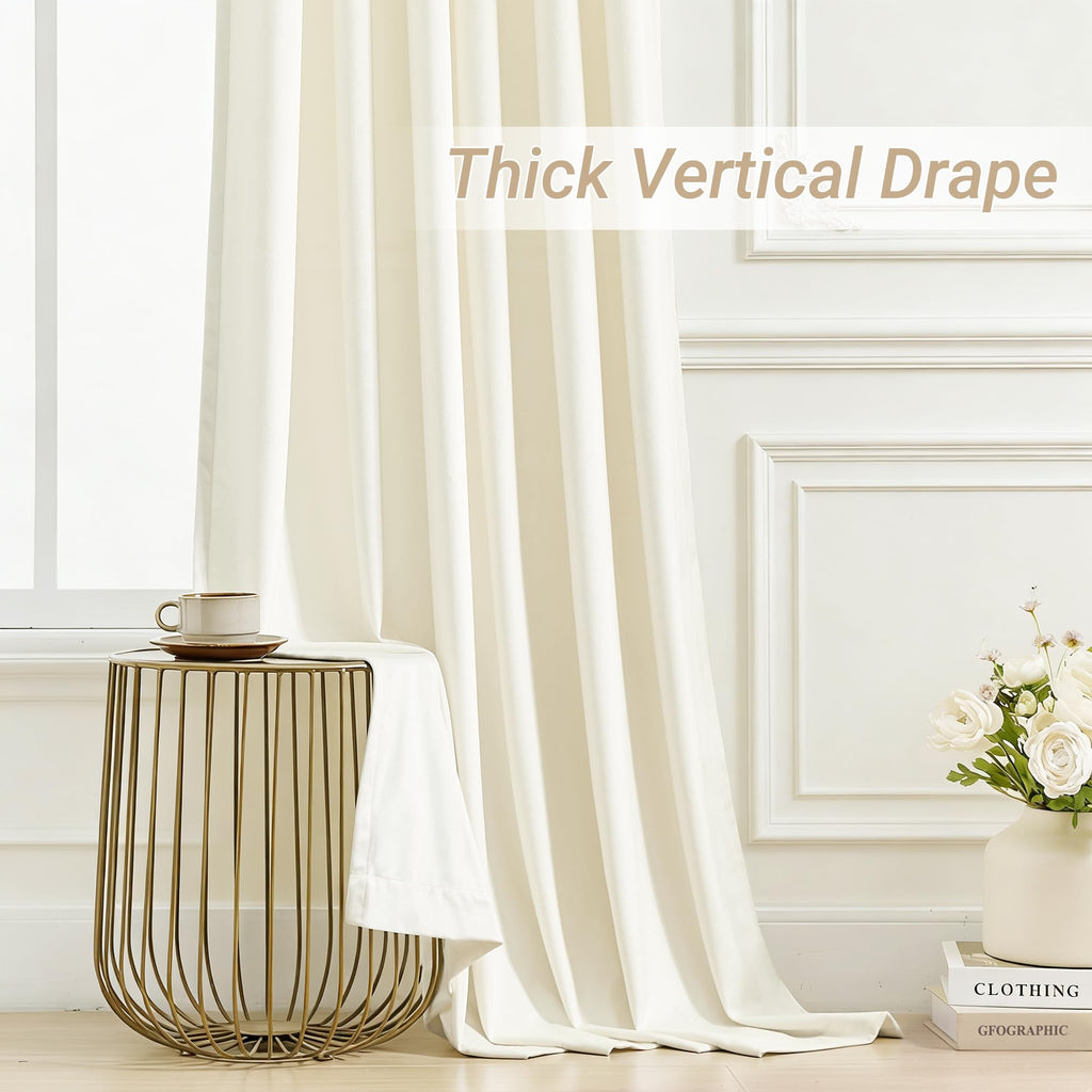 Beige White Luxury Velvet Curtains Extra Wide Thermal Insulated Blackout Pinch Pleat Curtains 84 Inches Long Room