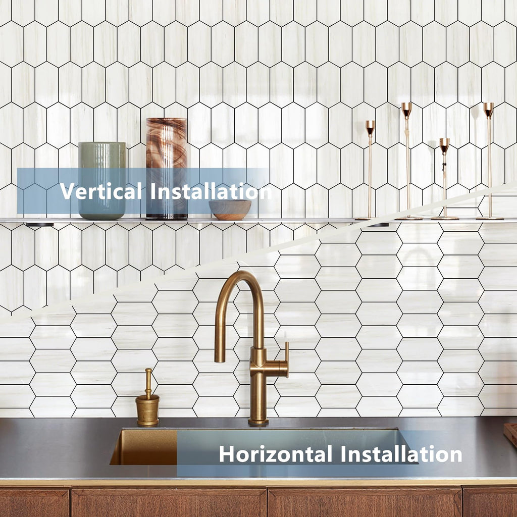 Long Hexagon Peel and Stick Backsplash Tile - 10 Sheets Stick on Backsplash 12.4 x 12 Inch Glossy Dolomite White PVC