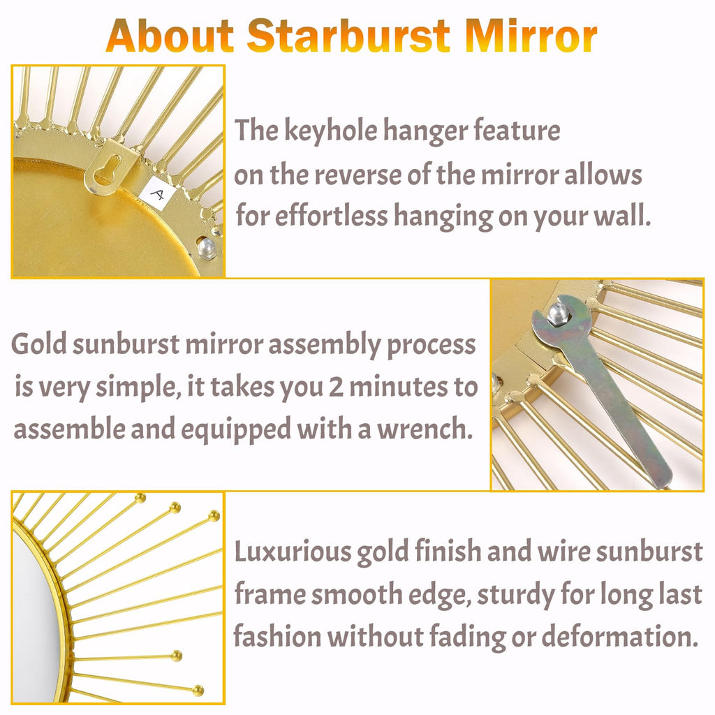 Large Gold Sunburst Mirror - 31" Starburst Wall Mirror with 12" Round Glass, Mid-Century Modern Elegant Gold Sun
