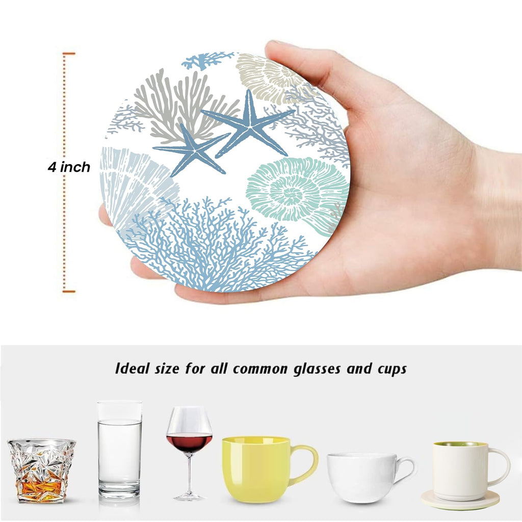 Nautical Coastal Coasters for Drinks Set of 6, Round Absorbent Ceramic Stone Coaster with Metal Holder Stand, Beach