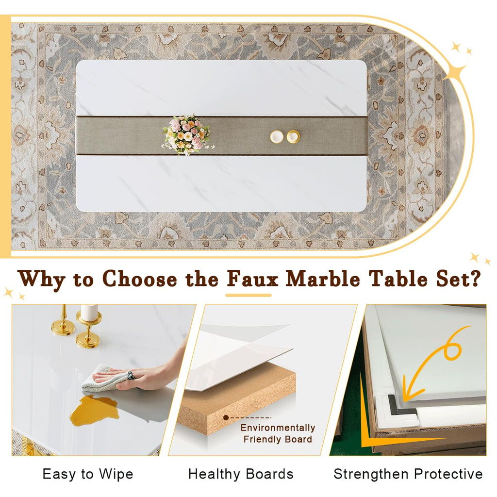 79" White Gold Marble Dining Table for 8-10