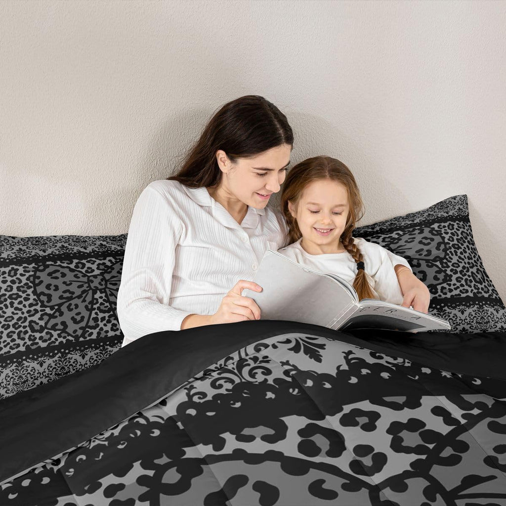 Black Grey Leopard Damask Bowknot Print Bedding Set, Gothic Antique Victorian Baroque Comforter Set Full Size Vintage