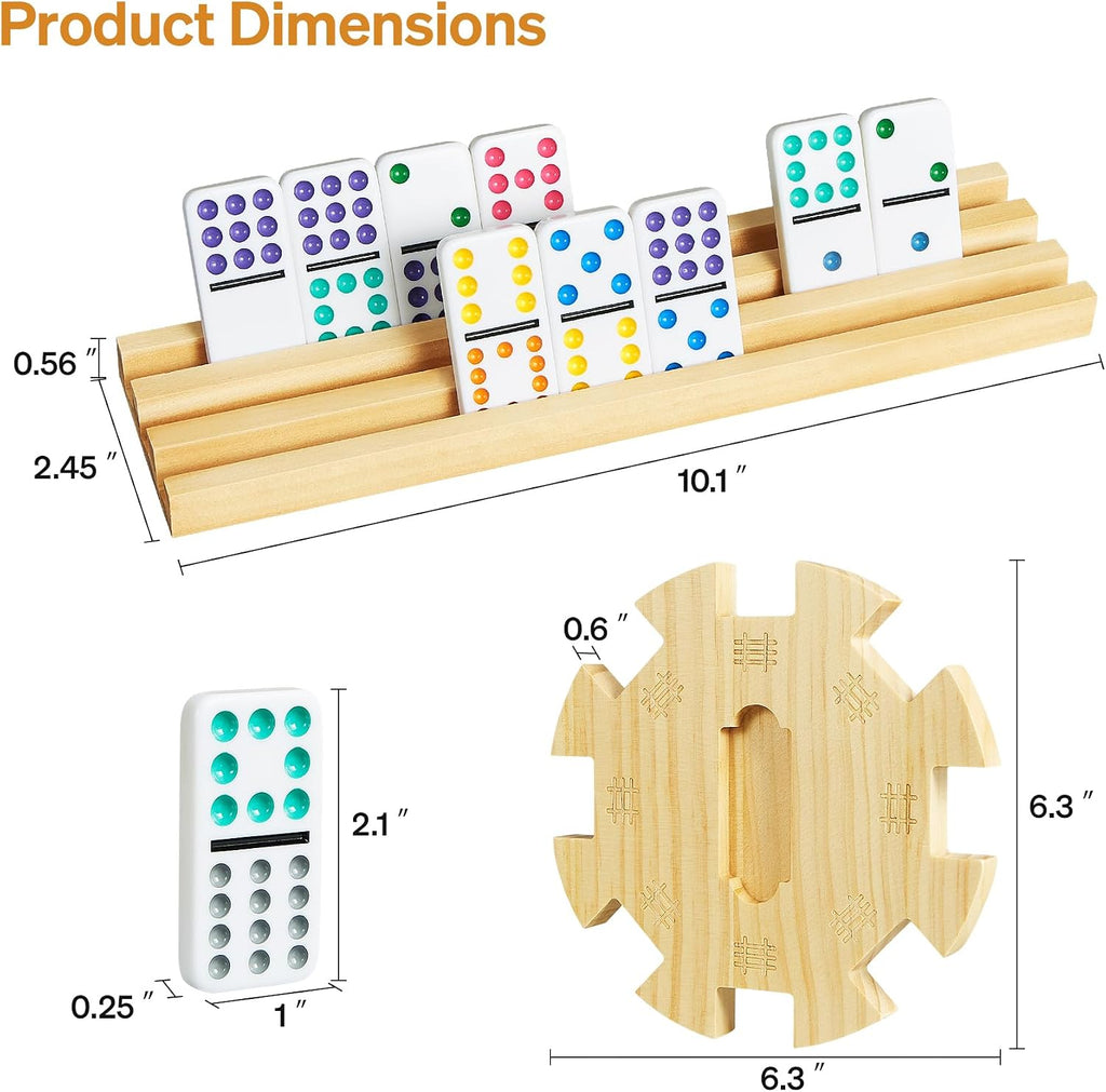 Mexican Train Double 12 Dominoes Set with 4 Wooden Trays/Racks in Portable Carrying Case Colorful 91 Tiles & 9 Trains
