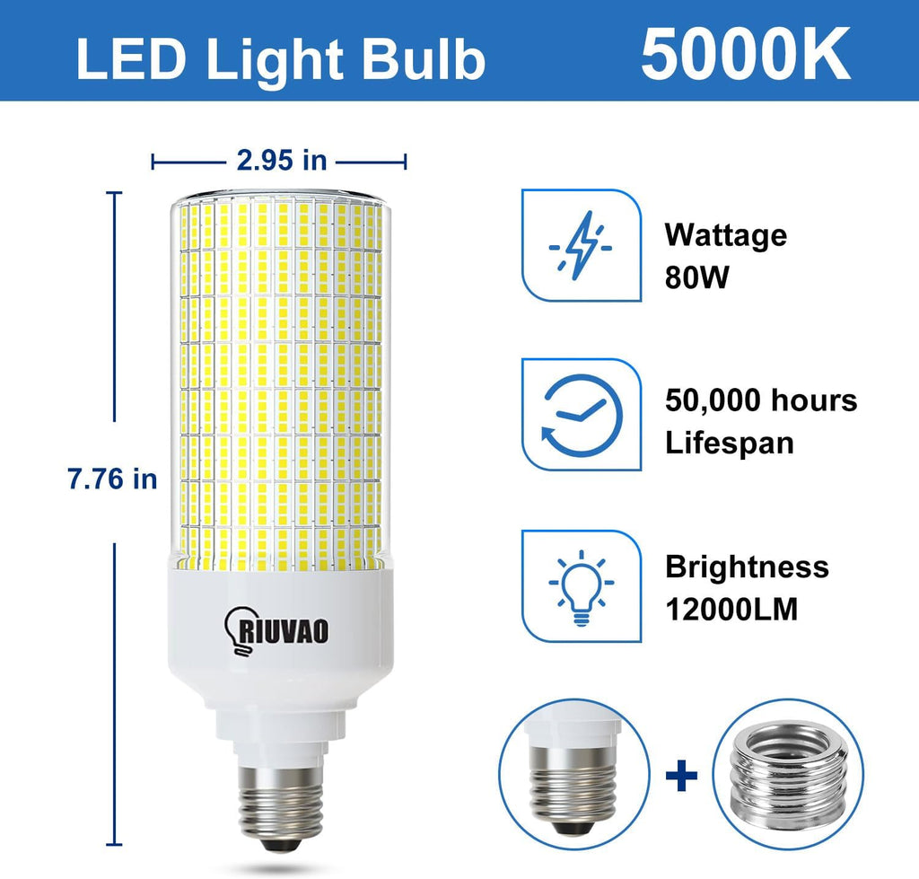 Led Corn Light Bulb 2 Pack, 800W Equivalent 5000K Daylight 12000Lm Super Bright E26/E39 Base 80W Led Bulbs, Replace