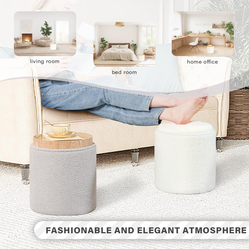 Round Storage Ottoman with Tray, Off-white Boucle Footstool