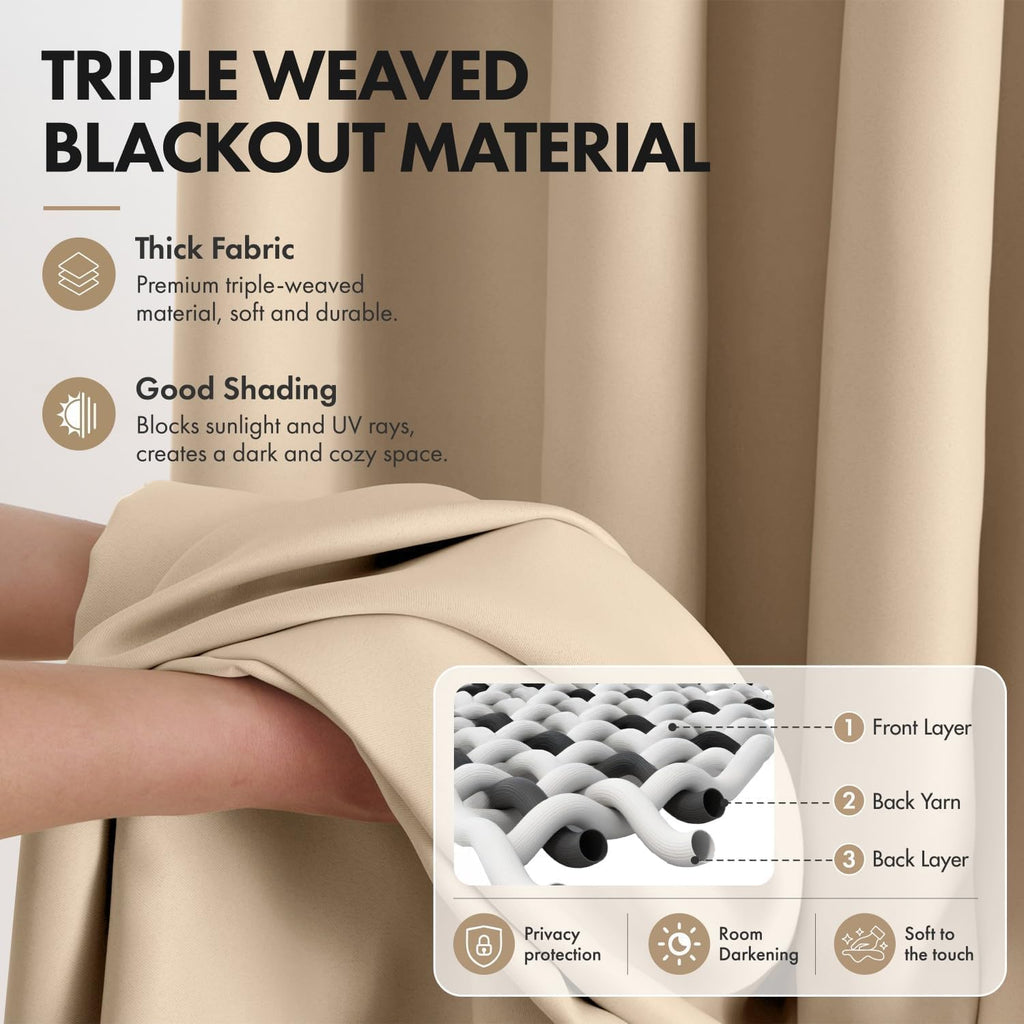 Beige Blackout Bedroom Curtains Drapes 102 Inch Long 52"x102"