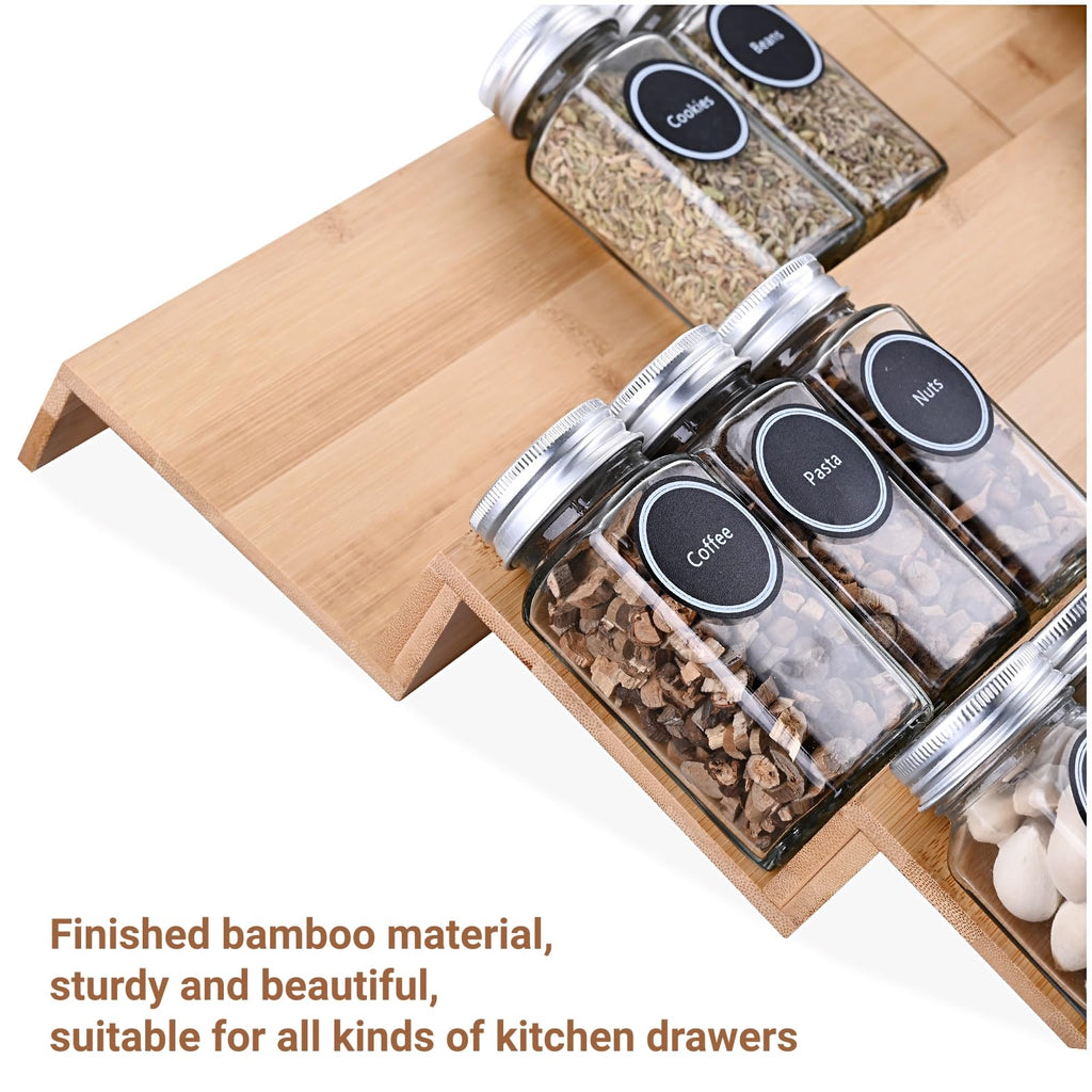 Bamboo Spice Rack Tray - Spice Drawer Organizer Cabinets Storage and Organization (Jars Not Included, 8 Individual