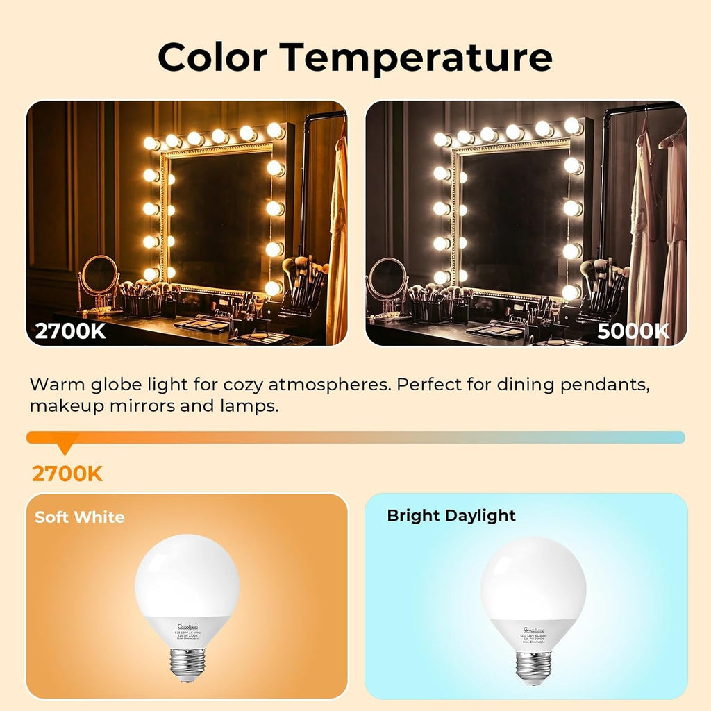 Vanity Light Bulbs, G25 LED Globe Light Bulbs for Makeup Mirror Dressing Room, 60W Equivalent, 2700K Soft White