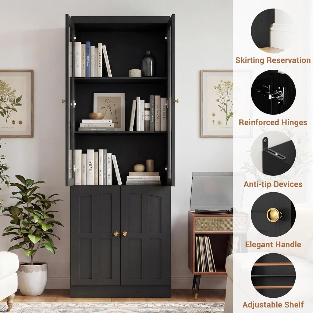 80" Bookshelf with Glass Doors and Adjustable Shelves, Set of 2 | Farmhouse Bookcase with Baseboard Cutout and