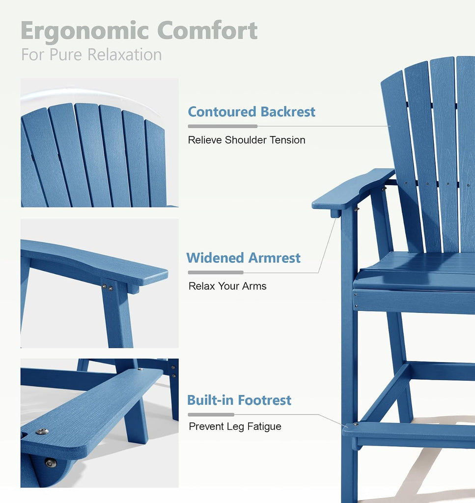 Tall Adirondack Chairs Set of 2, All-Weather HDPE Patio Chairs with Double Connecting Trays, Bar Height Heavy-Duty
