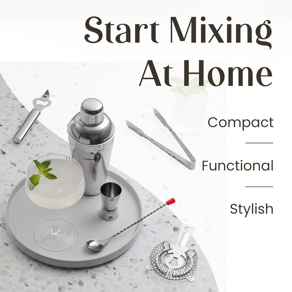 Cocktail Shaker Set - Bartender Kit with Pine Stand | Leak-Proof Design | Includes Martini Shaker, Jigger, Strainer