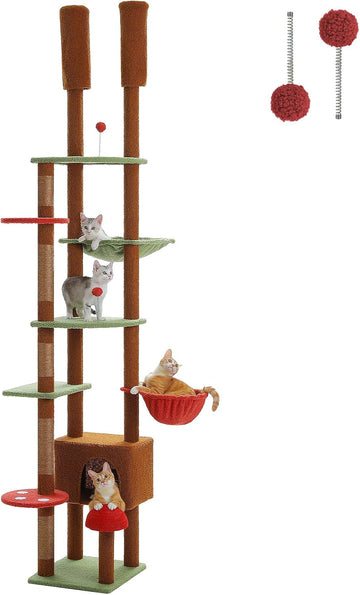Floor to Ceiling Cat Tree Tower, Height Adjustable 230-252cm, Brown