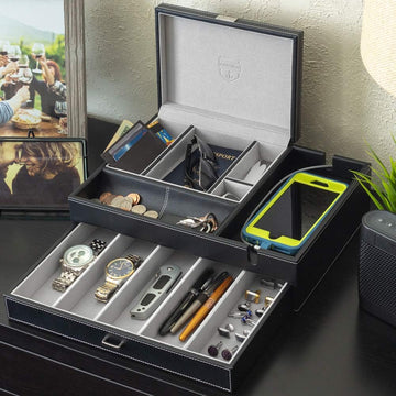 Admiral Dresser Valet Box & Mens Jewelry Box Organizer with Large Smartphone Charging Station (Grey)