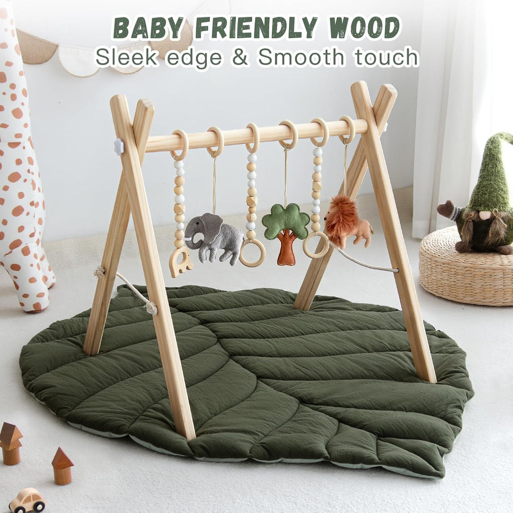 Wooden Baby Play Gym, Leaf Shaped Mat Baby Foldable Gym with 6 Hanging Toys