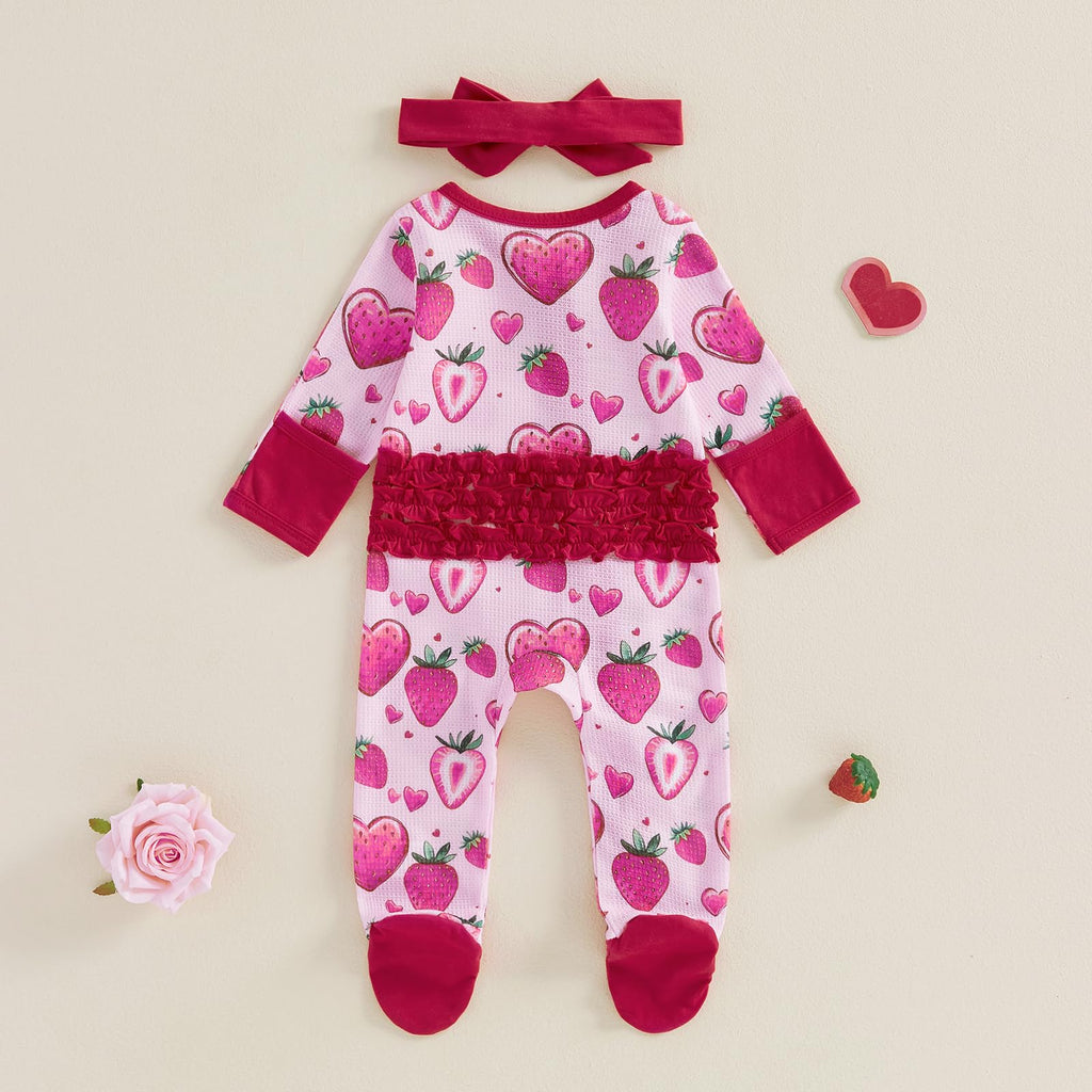 Girl Valentines Outfits Bowknot Long Sleeve Zipper Footie Romper Newborn Jumpsuit Bodysuit Coming Home Outfit (Pink