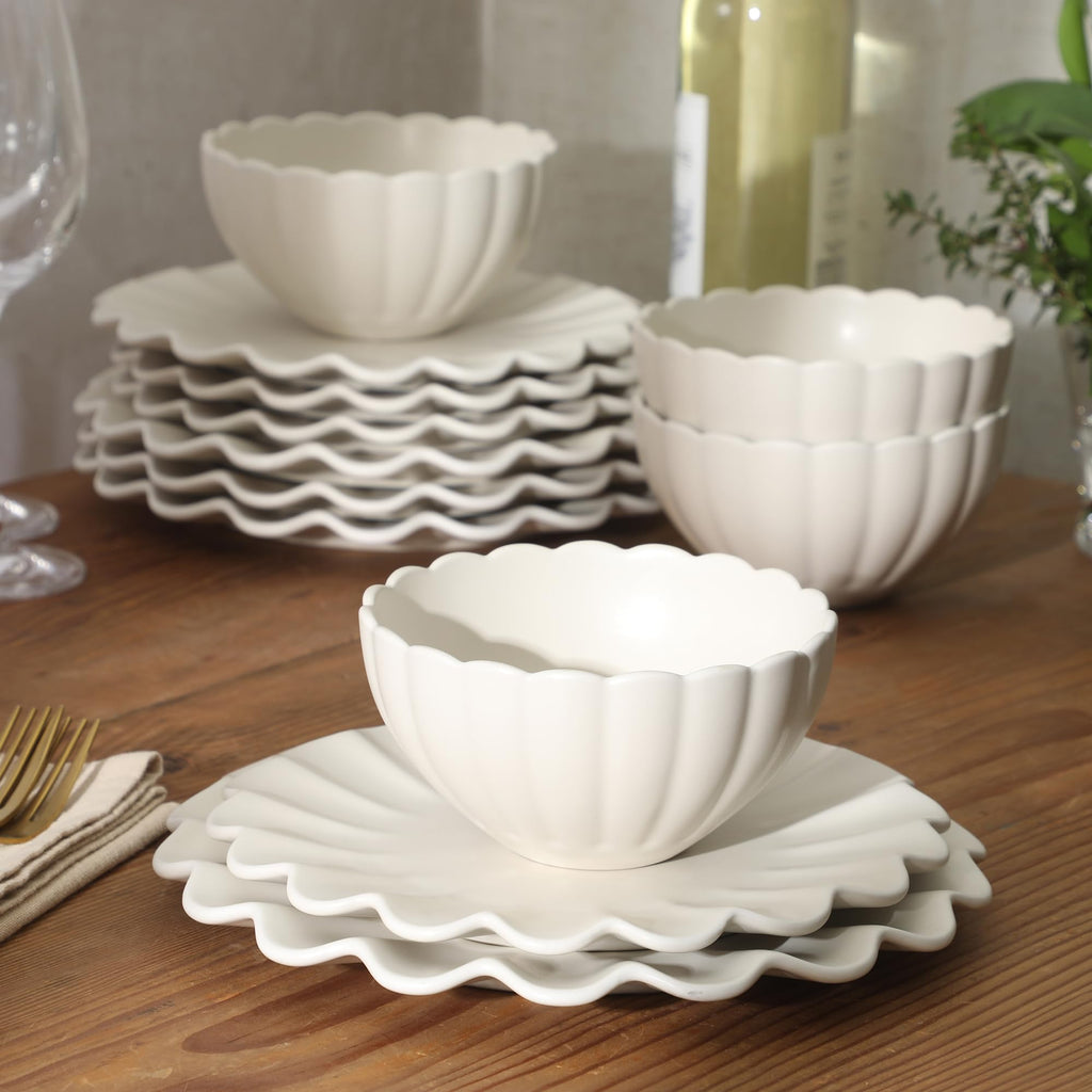 Bistro Fleur Plates and Bowls Sets, 12-Piece Stoneware Dinnerware Set for 4, Ivory White Scalloped Dish Set