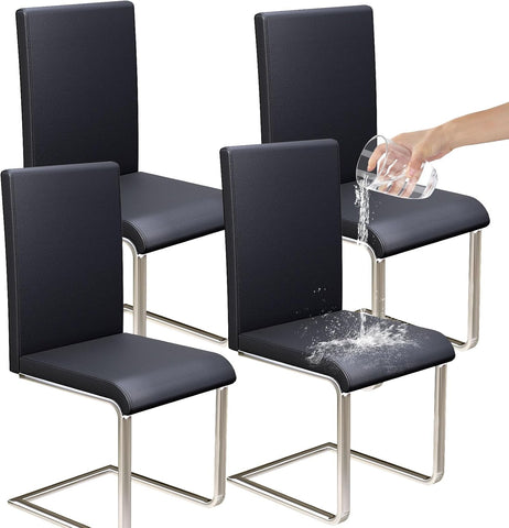 Modern Dining Chairs Set of 4, Faux Leather Dining Room Chairs with Armless Design and Chrome Legs, Space-Saving Kitchen Chairs