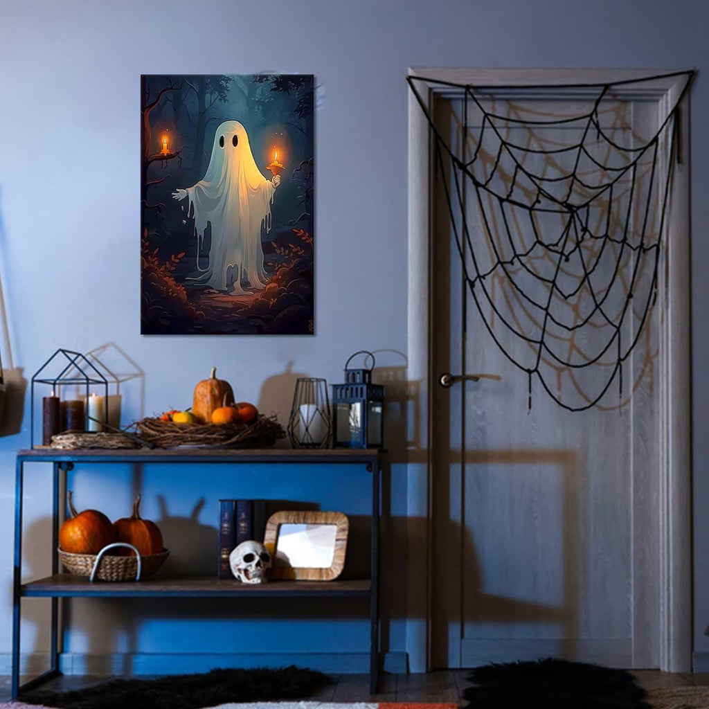 Retro White Ghost Posters Cute Horror Scary Wall Art Halloween A White Ghost Holding A Candle In A Dark Forest Prints