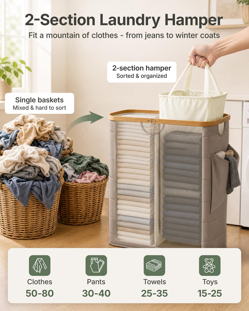 2 Section Laundry Hamper with Lid, 140L Quilted Puffer Basket