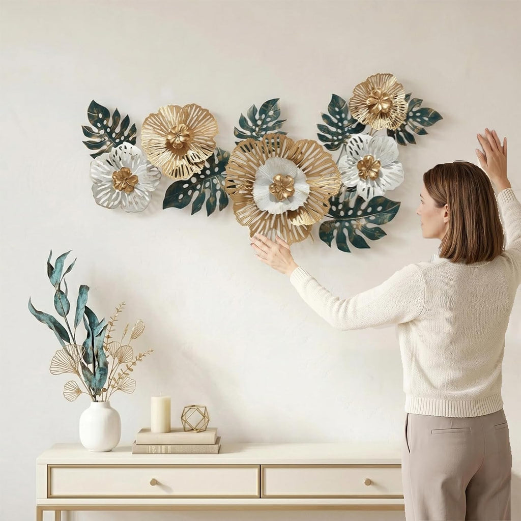 54" Large Metal Wall Art, 3D Floral Wall Decoration for Livingroom