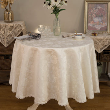 Round Tablecloth Waterproof Spillproof Lace Trim Damask Fabric Table Cloth for Wedding Kitchen Dinning Tabletop