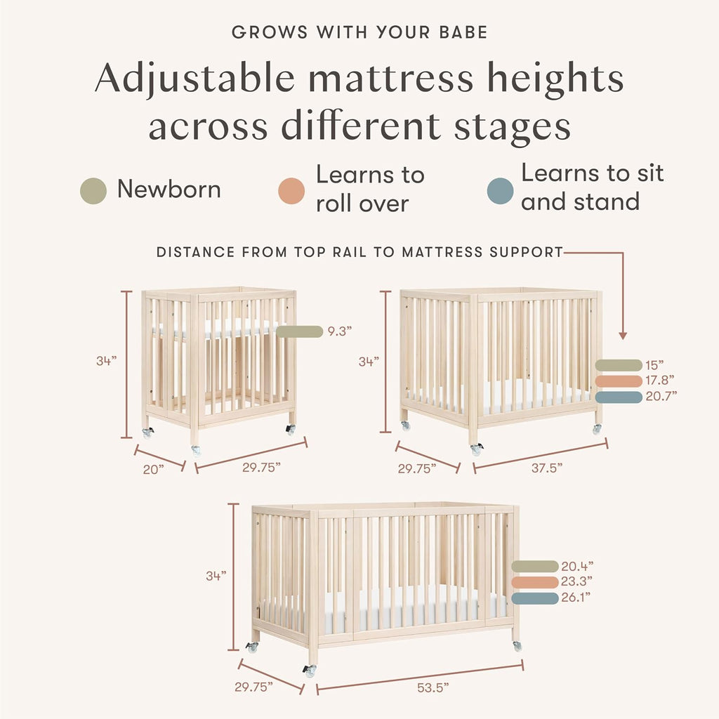 Rolli 9-in-1 Convertible All-Stages Bassinet to Full-Size Crib in Washed Natural, Greenguard Gold Certified, Portable