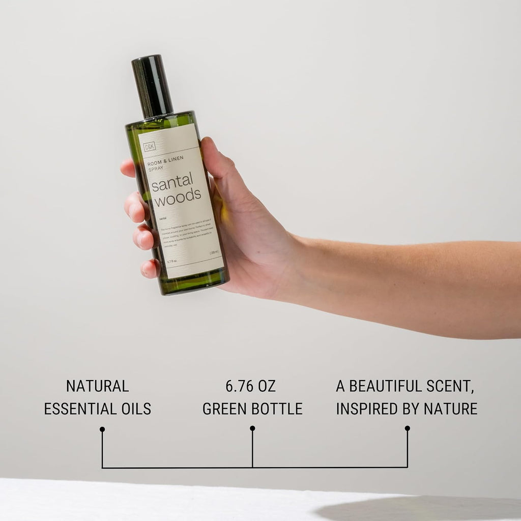 Premium Santal Woods Room Spray - Long-Lasting Air Freshener - Natural Essential Oil Linen & Pillow Spray - Odor