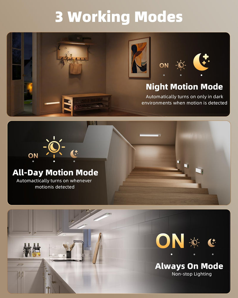 Under Cabinet Lighting Wireless, 6Pack 17'' Rechargeable Closet Lights, LED Motion Sensor Indoor, Dimmable & 3 Color