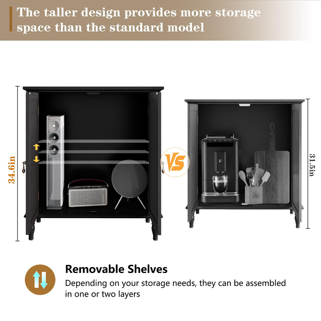 Vintage Buffet Cabinet with Storage, Solid Wood Veneer, Black