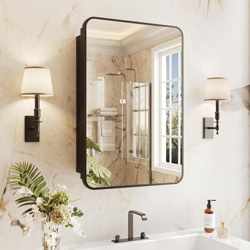 Medicine Cabinet Mirror 16x24 Inch, Black Bathroom Mirror Cabinet with Stepless Adjustable Shelves, Rounded Rectangle